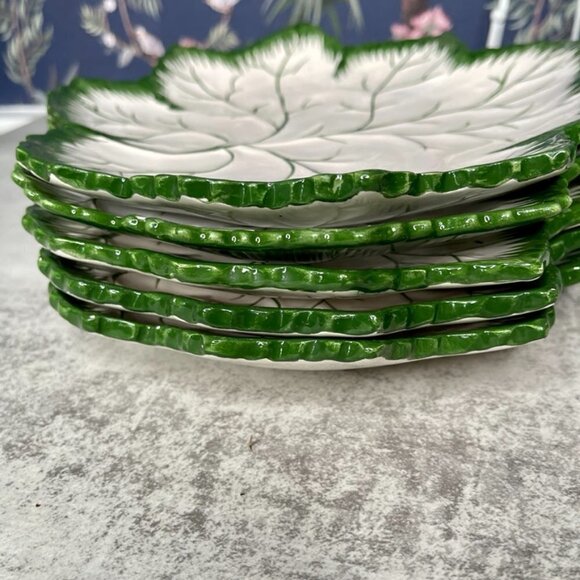 Olfaire Majolica Portugal White & Green Maple Leaf Plates Set of 5 - Picture 11 of 14